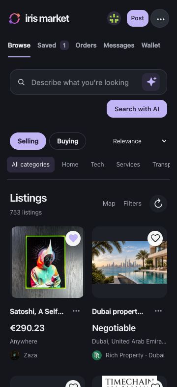 Iris Market web app in dark mode