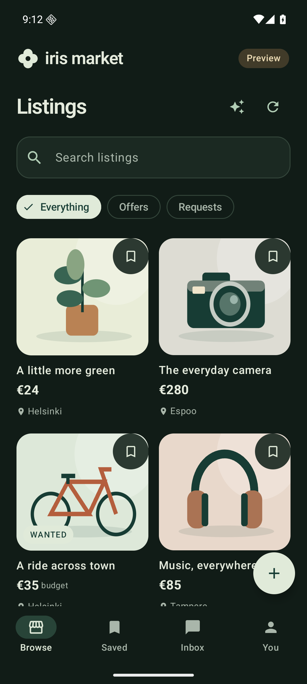 Iris Market app in dark mode, showing sample listings