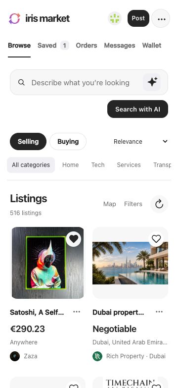 Iris Market web app in light mode