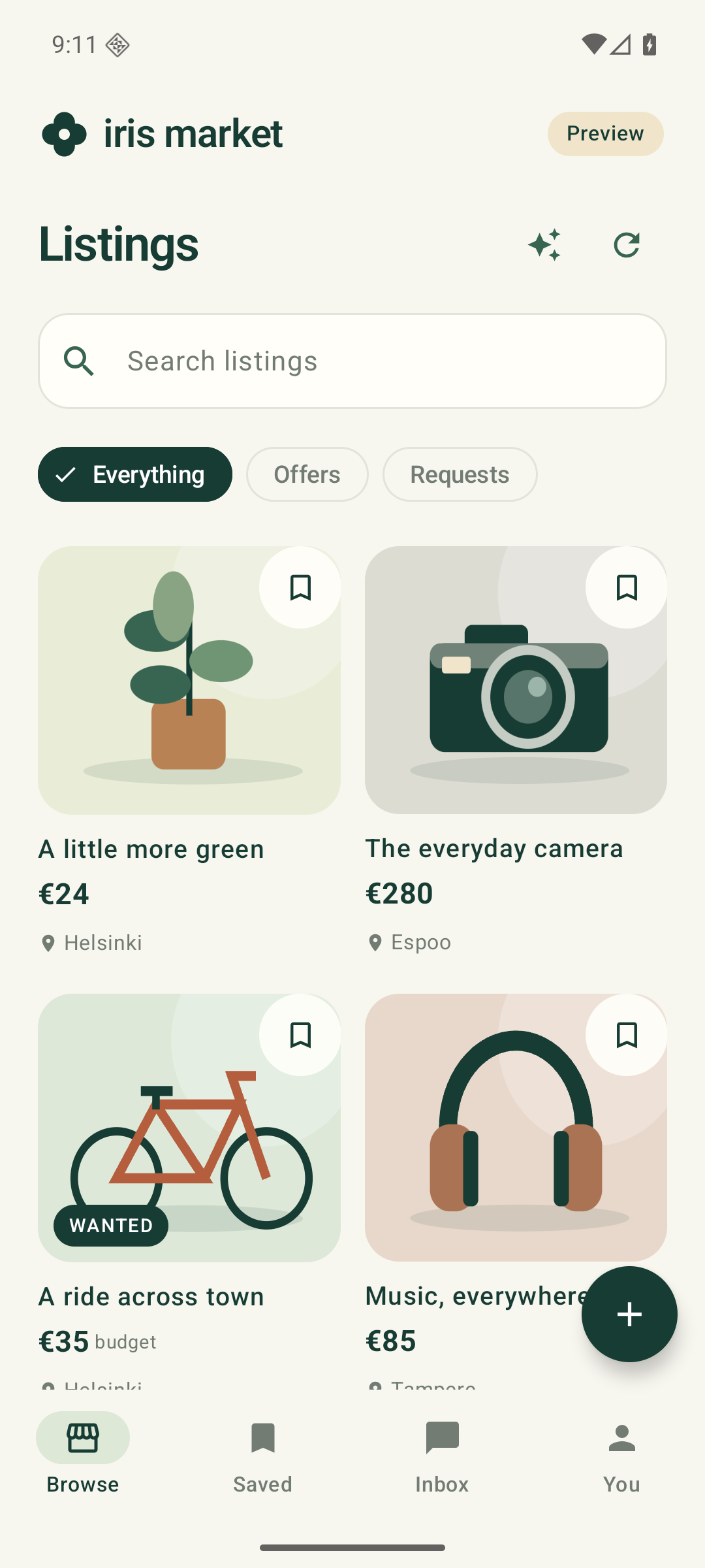 Iris Market app in light mode, showing sample listings